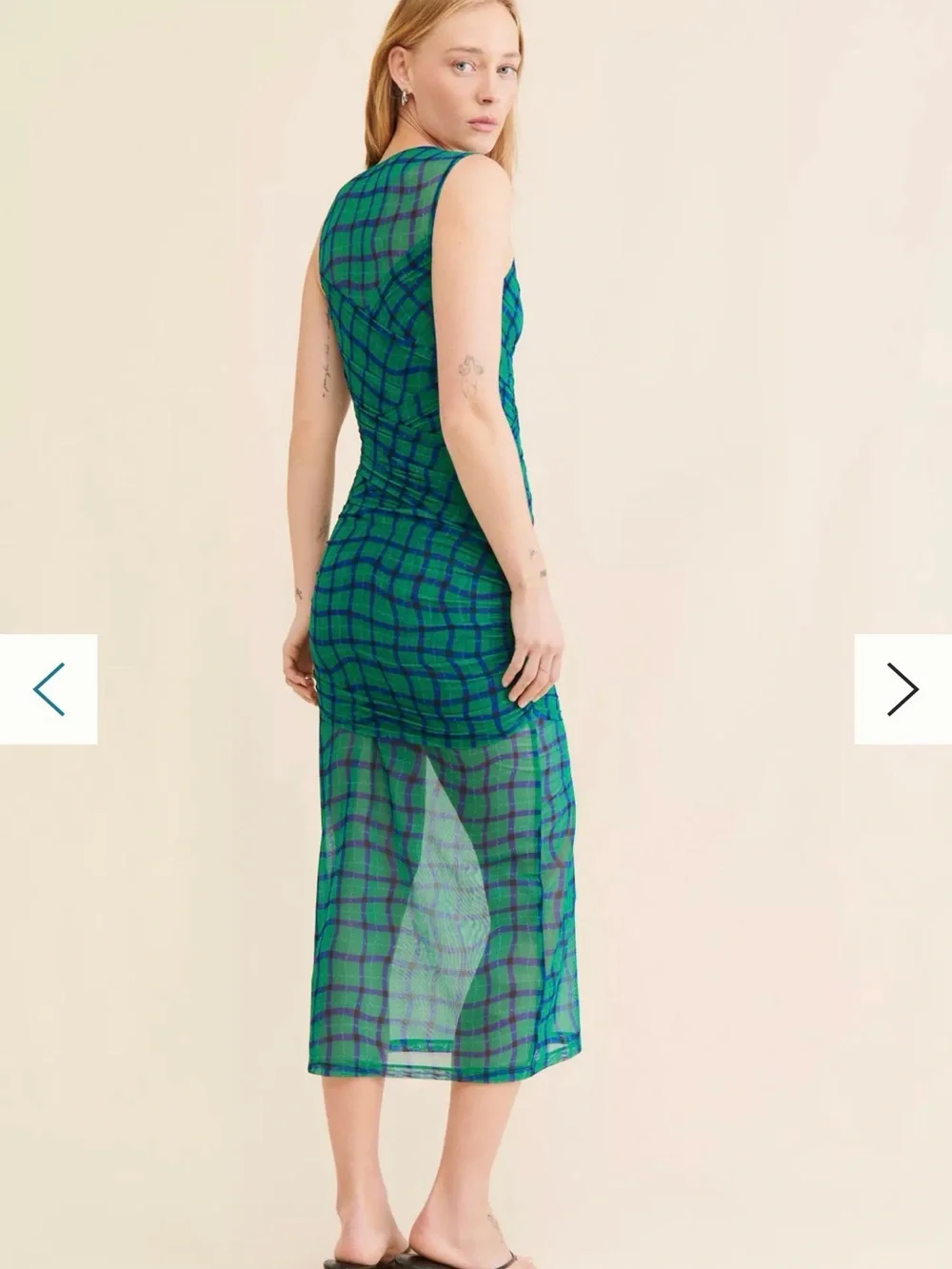 Simon Miller Kinny Ruched Plaid Mesh Midi Dress Anthropologie Green Blue- Size L - Picture 7 of 13